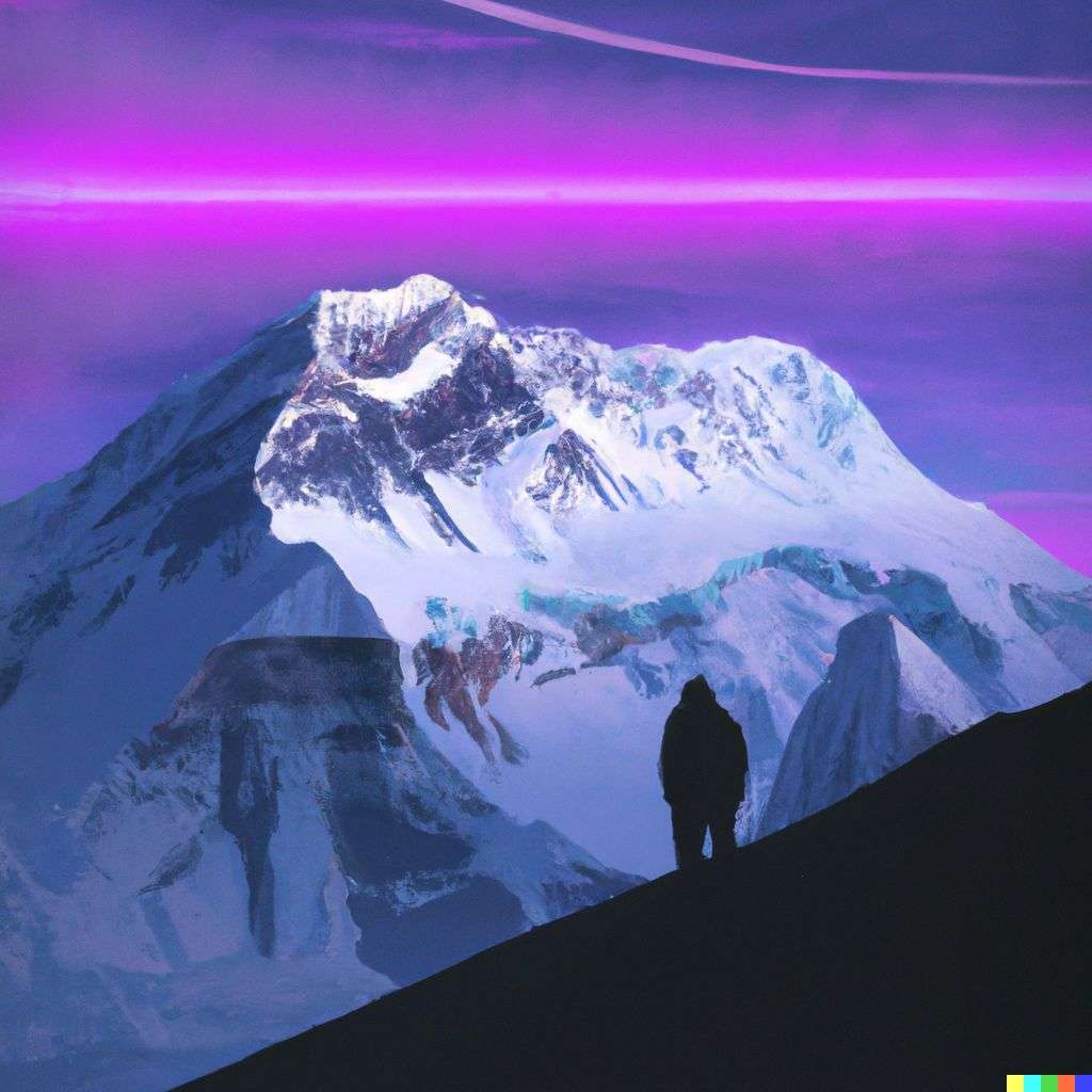 someone gazing at Mount Everest, digital art, synthwave